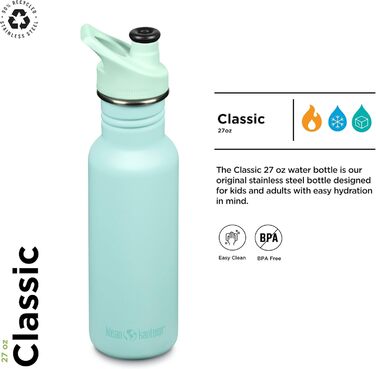 Пляшка Klean Kanteen Classic Narrow з нержавіючої сталі, з спортивною кришкою, пастельно-бірюзова, 800 мл