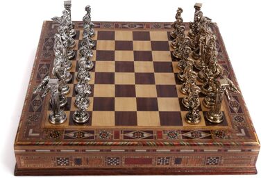 Шахи міфологічні металеві, середнього розміру, для дорослих, ручної роботи, шахові фігури та дошка з натурального масиву дерева, з внутрішнім зберіганням, висота короля 8 см