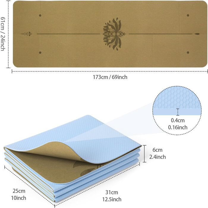 Килимок для йоги Enssy Reise, складаний, компактний, 173x61 см, 0.4 см, з сумкою, легкий дизайн для пілатесу (Kork-Lotus Centerline 2)