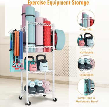 Органайзер для домашнього спортзалу FUTASSI S1, 3 яруси, на колесах, для килимків для йоги, ролерів, гантелей, гир та еластичних стрічок, 120 x 70 x 30 см, білий
