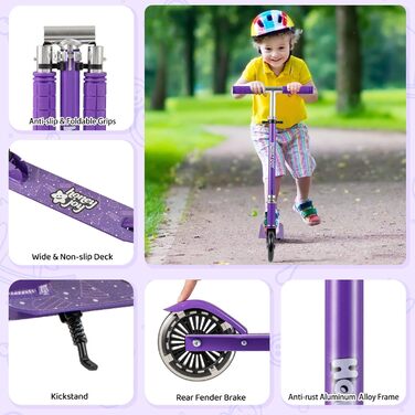 Самокат дитячий Kinder Scooter з LED-колесами, алюмінієвий, складаний, 3 регульовані висоти, до 50 кг, фіолетовий, зі стійкою та ременем безпеки