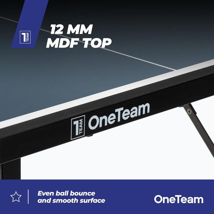 Стол для пінг-понгу OneTeam для гри в приміщенні з сіткою та складними панелями, 2 відділення для м'ячів та ракеток, транспортні ролики з фіксацією (OT-MTI-01)