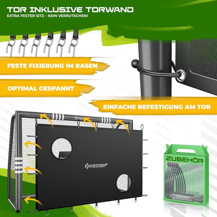 Ворота футбольні KESSER® для саду, міцні, для тренувань, з UV-стійким сіткою, сталевий каркас з оббивкою, фіксатори для землі, насос, конуси, аксесуари для монтажу (240см, з торговою панеллю, антрацит)