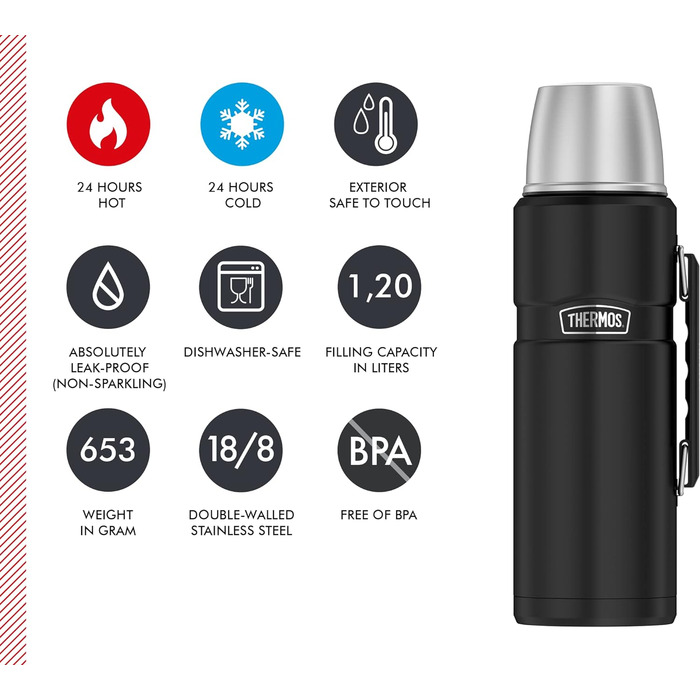 Термос із нержавіючої сталі Thermos King 1,2 л, чорний матовий, з чашкою, 12 годин гаряче / 24 години холодне, BPA free, придатний для миття в посудомийці, з ручкою