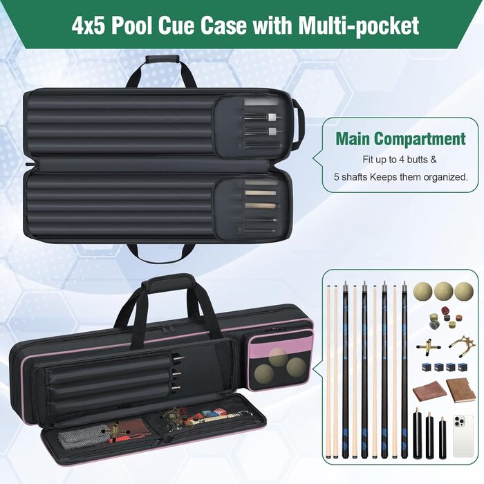 Чохол для більярдних київ на 4 основи та 5 шахт, м'який, з кількома кишенями, для аксесуарів, рожевий