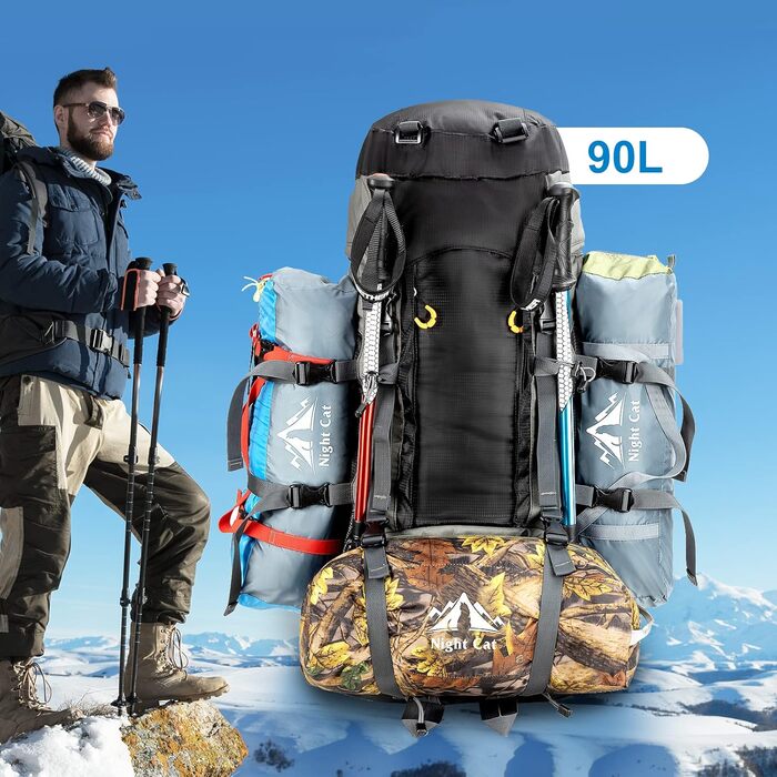 Рюкзак Night Cat 90L для трекінгу, подорожей і кемпінгу, чоловічий/жіночий, дихаючий, чорний