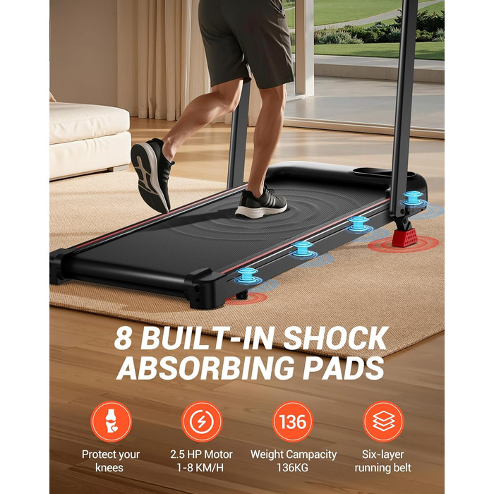 Lontek Walking Pad: Біговий килимок з нахилом 15% для дому з 2.5PS мотором та трійною амортизацією. Макс. навантаження 136 кг, чорний