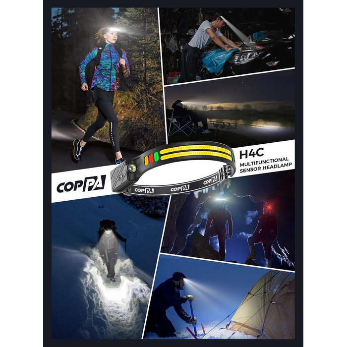 Налобний ліхтар COPPA H4C LED з акумулятором (2 шт.) з функцією Floodlight та Spotlight. Білий, жовтий, червоний, зелений. Датчик руху для дітей, кемпінгу, бігу, риболовлі, альпінізму, ремонту, джогінгу