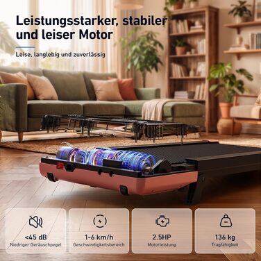 Дорожній тренажер DeerRun Walking Pad з нахилом 6%, компактна бігова доріжка під стіл для дому та офісу, з LED-дисплеєм, пультом та підтримкою App, до 136 кг, Рожевий