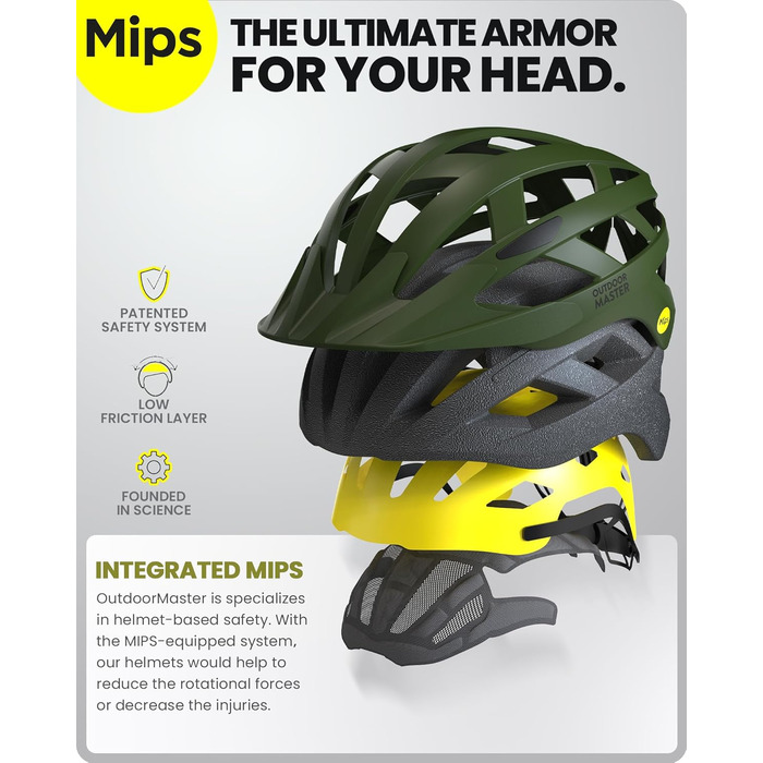 Велосипедний шолом OutdoorMaster MIPS, змінна підкладка, вентиляція, для підлітків і дорослих, гірський та шосейний, 59-61 см, зелений