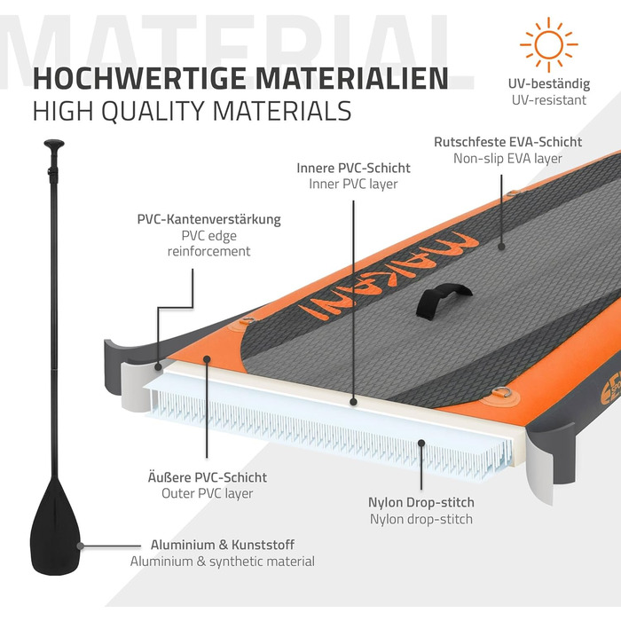 Надувна SUP-дошка ECD Germany Makani 305/308/320/380 см, PVC, до 120/150 кг, товщина 10/15 см, з каяк-сидінням, комплект із сумкою, веслом, для серфінгу та веслування, помаранчева