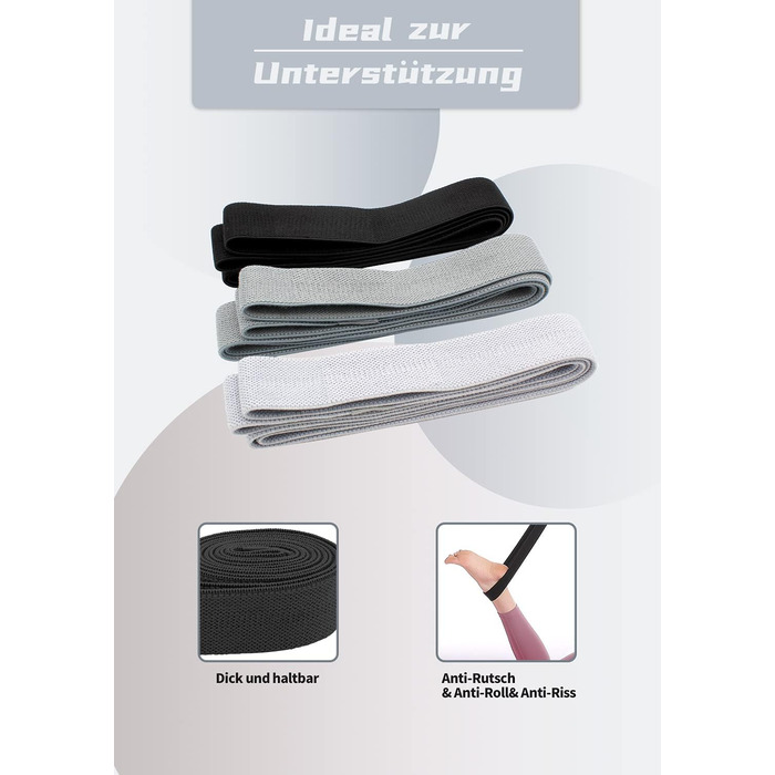 Стрічки для фітнесу з тканини, тренувальні стрічки для пілатесу, набір 3 шт. Стійкі до ковзання, спортивні стрічки для фітнесу, силові тренування, стрічки опору, сірі, темно-сірі, чорні