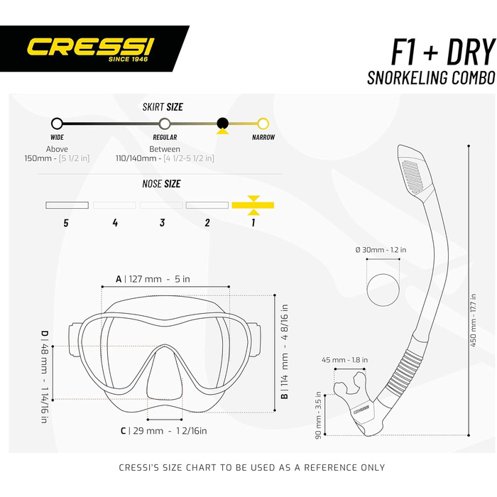 Маска для снорклінгу Cressi F1 (Рамка відсутня) + Трубка Dry - Комбо Набір для Дайвінгу та Снорклінгу, Унісекс, Прозора/Жовта