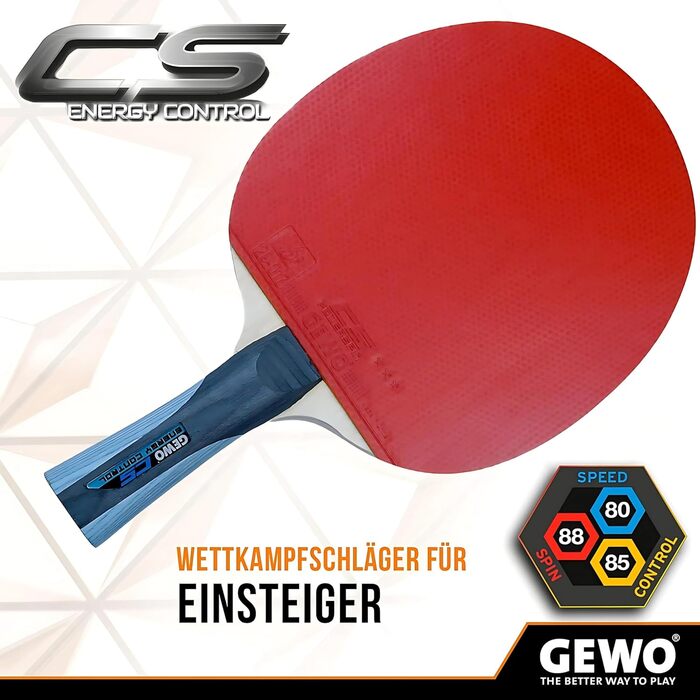 GEWO Ракетка для настільного тенісу CS Energy Control, професійна, ITTF, контроль, висока обертальність, готова, опукла ручка, губка 1,8 мм