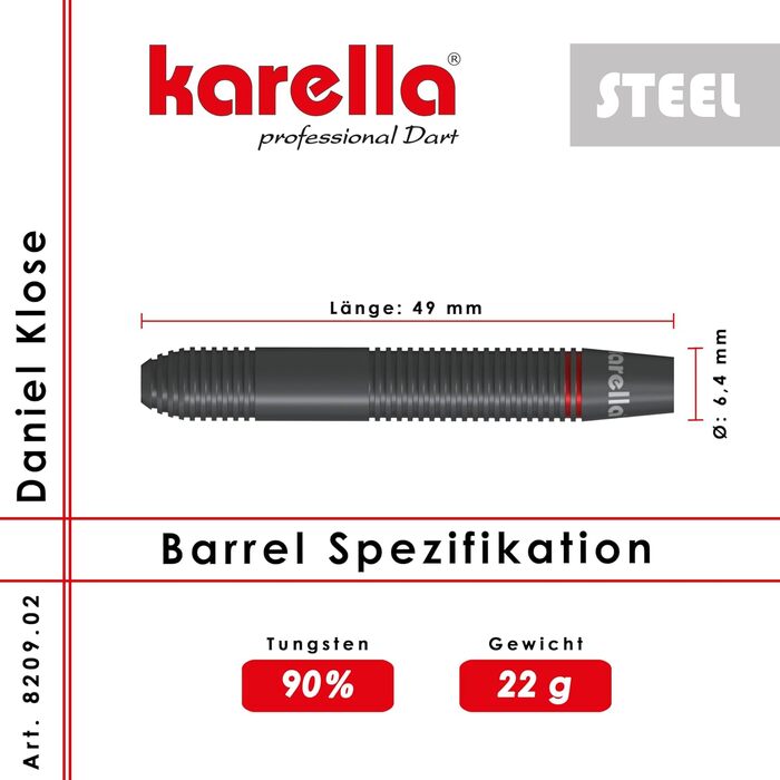 Дротики Karella Steeldart Daniel Klose 90% вольфрам, 22 г, металевий наконечник, набір з 3 дротиків та 2 комплектів оперення, для класичної дартс-дошки