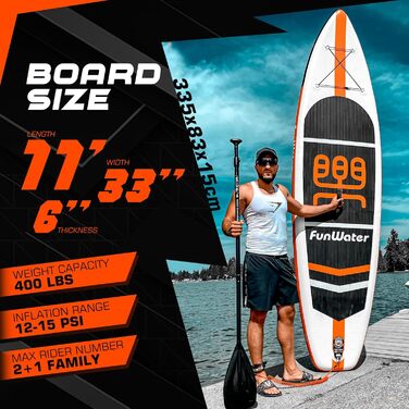 Надувна SUP-дошка FunWater з аксесуарами: ультралегка дошка для веслування стоячи, 3 плавці, регульоване весло, насос, рюкзак, страховий шнур, водонепроникний чохол для телефону
