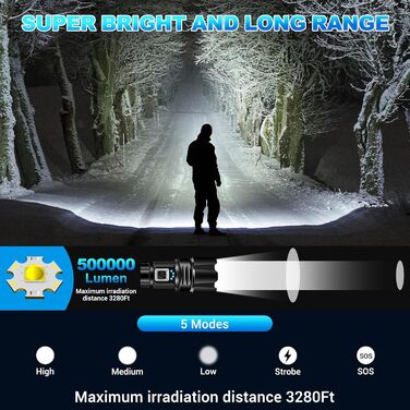 Ліхтар LED акумуляторний 500000 люмен, тактичний, потужний, IP67, водонепроникний, для кемпінгу, туризму, риболовлі, з чохлом та компасом