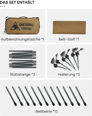 OneTigris SUPRANUBIS розкладне ліжко для кемпінгу 190x70 см, легке, портативне, до 150 кг, для намету, відпочинку на природі, подорожей, саду, офісу, колір Койот