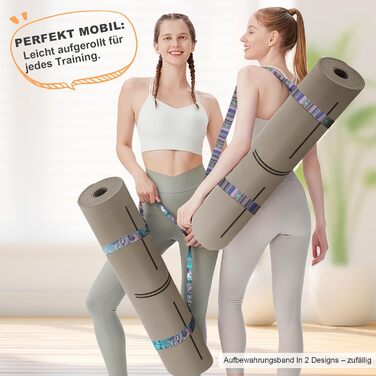 Килимок для йоги та пілатеса з еко-каучуку та TPE, протиковзкий з лініями розмітки, бежевий, 4мм, з ременем для перенесення