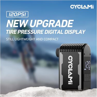 Електричний міні-насос для велосипеда CYCLAMI A2S з USB-C, автоматичним вимірюванням тиску та відключенням при 120 PSI, підходить для ніпелів Presta і Schrader