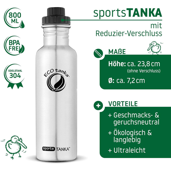 Пляшка для води ECOtanka sportsTANKA 0,8 л нержавійка, герметична, BPA-free, для спорту, фітнесу, туризму