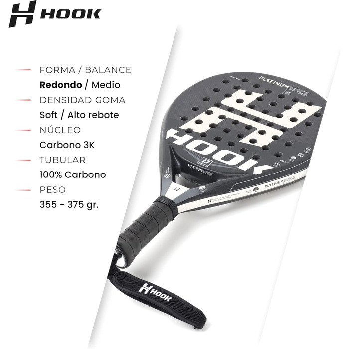 Унісекс падельна ракетка Hook Platinum Black Spyder, 355/365 г, 100% карбон, контроль 95%, EVA, середній баланс, піщане покриття, кругла форма