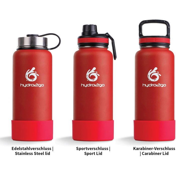 Гідрофляга hydro2go X-AlpsBottle 1 л, вакуумна термос пляшка з нержавіючої сталі, 3 кришки, герметична, для спорту та подорожей, Lava Red