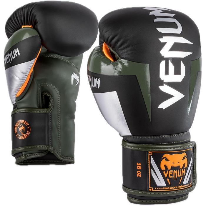 Боксерські рукавички Venum Elite (Чорний, Срібний, Хакі, 10 Oz)