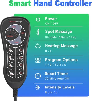 Масажер для спини Shiatsu з підігрівом, крісло-масажер для зняття стресу, глибока масажна-кнезіруюча та ролерна функція, 2 вібраційні мотори, масаж спини, талії та стегон, PU-шкіра, з 2 блоками живлення (Чорний)