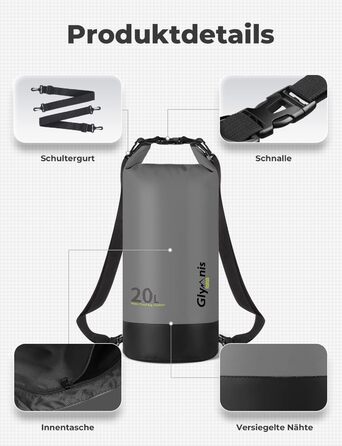 Водонепроникний мішок Glymnis 20L: міцний рюкзак для водного спорту, пляжу, подорожей та кемпінгу (чорний)