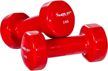 Набір гантелей MOVIT 2 шт. по 3 кг, вінілові, короткі, червоні, фітнес-гантелі для тренувань, різні ваги та кольори