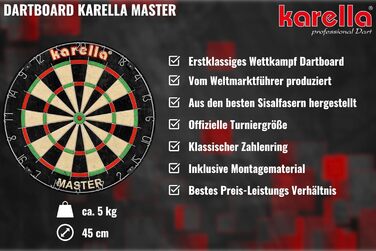Дартборд Karella Master з сизалю для турнірів, комплект із 2 наборами дротиків Steeldart Blackstar та лінією для кидків