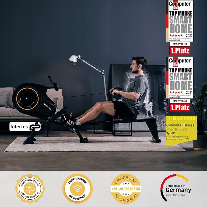 Гребний тренажер SportPlus для дому з повітряним опором, 8 рівнів, підтримка додатку, тиха і плавна робота, до 150 кг