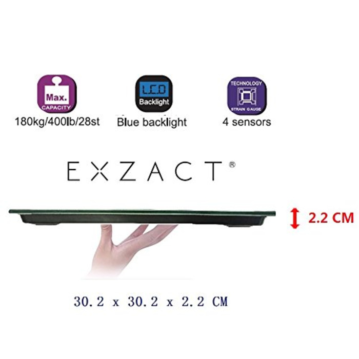 Цифрова вага для тіла та аналізу жиру Exzact з підключенням до APP (iOS & Android) - Bluetooth - Максимальне навантаження 180 кг - kg/st/lbs - Електронна вага