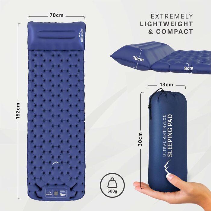 TREKKOUT Ultraleichte Isomatte з подушкою | Легка надувна туристична матрац для кемпінгу, подорожей та відпочинку | З інтегрованою помпою, водонепроникна, для одного спального місця