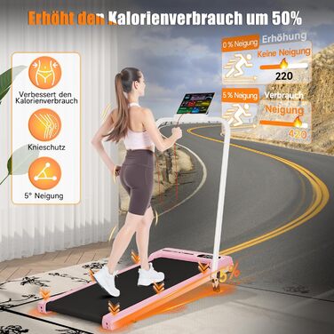 Біговий доріжки Dskeuzeew складний з нахилом - 4 в 1 Walking Pad з 5% нахилом для дому, рожевий
