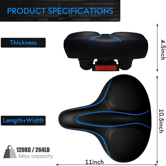 Широке велосипедне сідло Oversized для жінок та чоловіків. Комфортне, універсальне, водонепроникне сідло з світловідбивальною смугою. Підходить для Peloton, тренажерів, круїзерів, міських велосипедів. Чорний / білий (чорний / синій)