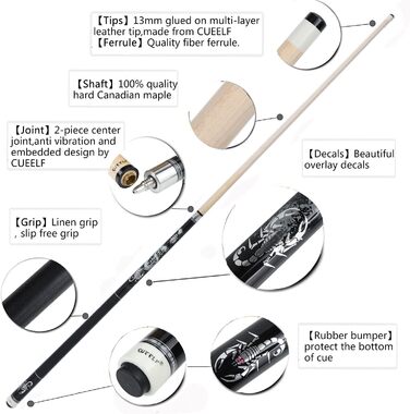 Більярдний кий Billardqueue, 147.3 см, дерево, горіх, клен, наконечник 13 мм, чорний, 20oz