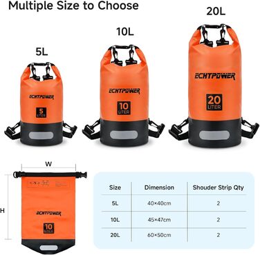 Водонепроникний мішок ECHTPower Dry Bag 5L/10L/20L для плавання, каякінгу, SUP з регульованим ремінцем та світловідбиваючими смугами (зелений, помаранчевий)