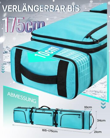 Чохол для сноуборду YOREPEK з колесами, водонепроникний, з 6 кишенями для сноуборду та лиж, розширюваний, 170 см, для подорожей літаком (Світло-блакитний)