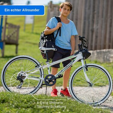 Дитячий велосипед Bergsteiger Kansas 24 дюйми, Shimano 6 передач, для хлопчиків і дівчат 8-11 років, чорний, гірський, з білими шинами