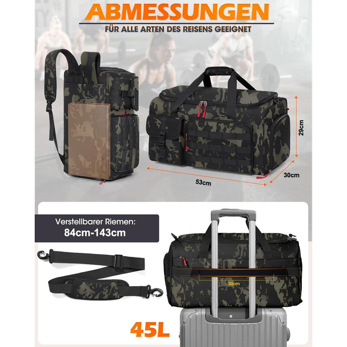 Спортивна сумка RAINSMORE 3-в-1 для чоловіків 45L: рюкзак, сумка-валіза з відділенням для взуття, ноутбука та мокрого одягу, фітнес-сумка, камуфляжний колір