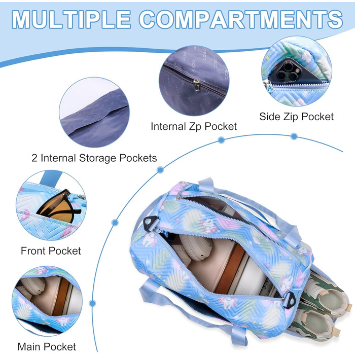 Спортивна сумка для дівчаток з єдинорогом, водонепроникна, з відділенням для взуття та мокрих речей, маленька сумочка для подорожей, фітнесу, школи, спорту (Блакитна)