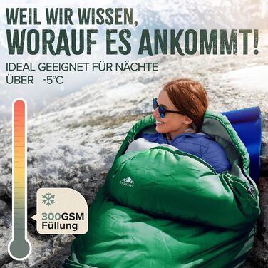 Сплячий мішок ONLYHIKE® Outdoor I [300GSM] - теплий, легкий (1700г) для весни, осені та зими [-5°C до 10°C] | Для кемпінгу, відпочинку на природі та подорожей | Розмір M-XL, Колір: Зелений