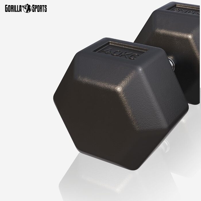 Гантелі шестигранні GORILLA SPORTS 40 кг – гантелі з гусатого заліза, прогумовані, нековзкі, хромована рифлена ручка, чорні, для силових тренувань та фітнесу