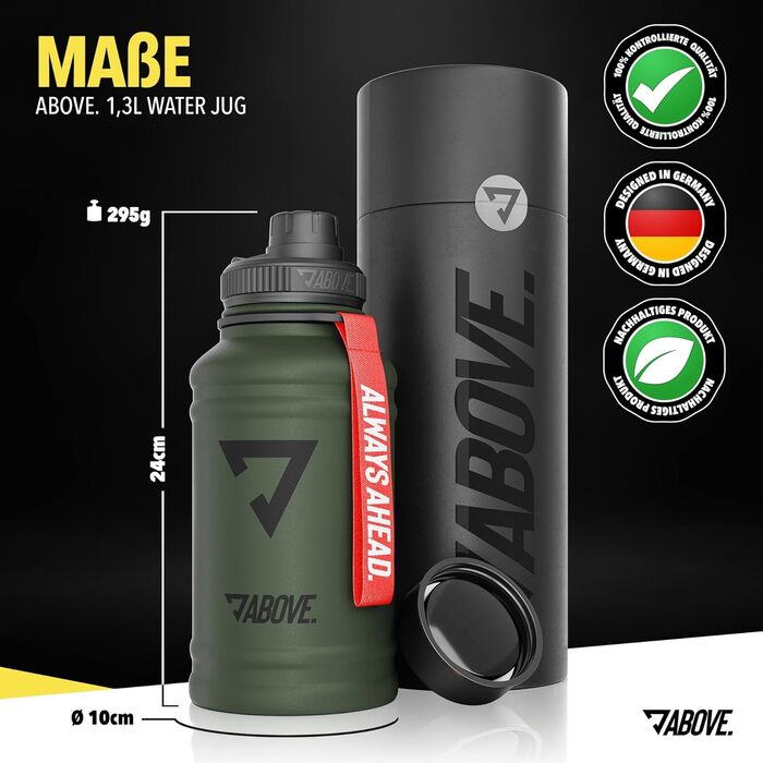 Пляшка для води з нержавіючої сталі ABOVE 1.3L або 2.2L, BPA-free, герметична, для спорту, фітнесу та активного відпочинку, оливково-червона, не термос