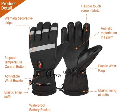 Електричні гріючі рукавички для чоловіків та жінок, 7.4V 5000mAh/6000mAh, сенсорний екран, 3 режими, 45/50/55°C, антиковзкі, для катання на велосипеді, лижах, кемпінгу (чорний, 6000mAh)