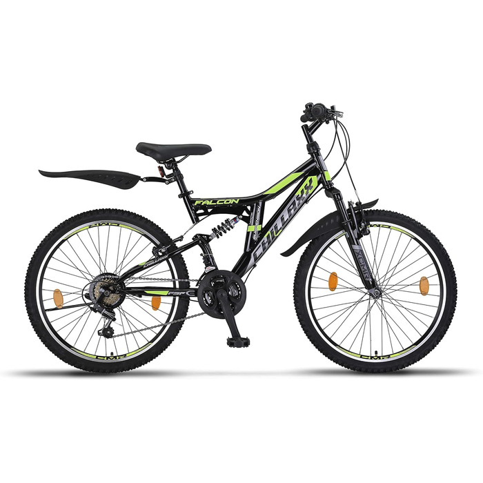 Гірський велосипед Chillaxx Bike Falcon, 24/26/27.5/29 дюймів, для хлопців, дівчат, жінок і чоловіків, дискові гальма, 21 швидкість, повна амортизація, чорний/лайм, V-гальма