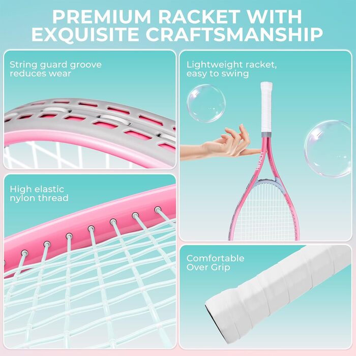 Набір тенісних ракет HIRALIY для дорослих, 68.6 см, 2 ракетки з натягнутою сіткою, 2 овергрипи, 3 м'ячі та сумка, для початківців, рожевий/зелений
