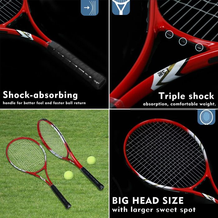 Тенісний набір для 2 гравців, для початківців, попередньо натягнутий, 68 см, легкий набір для жінок та чоловіків, з тенісними м'ячами, overgrip та сумкою Red-T216